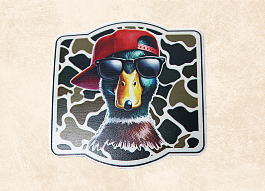 Duck in hat and sunglasses over camo