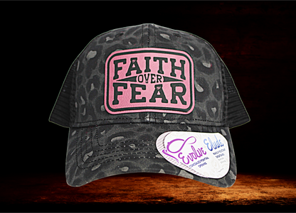 Infinity Black Leopard print Ponytail Hat, with pink "Faith over Fear" patch