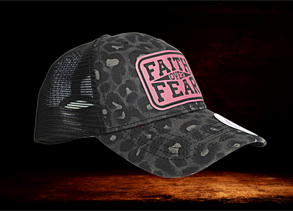 Infinity Black Leopard print Ponytail Hat, with pink "Faith over Fear" patch