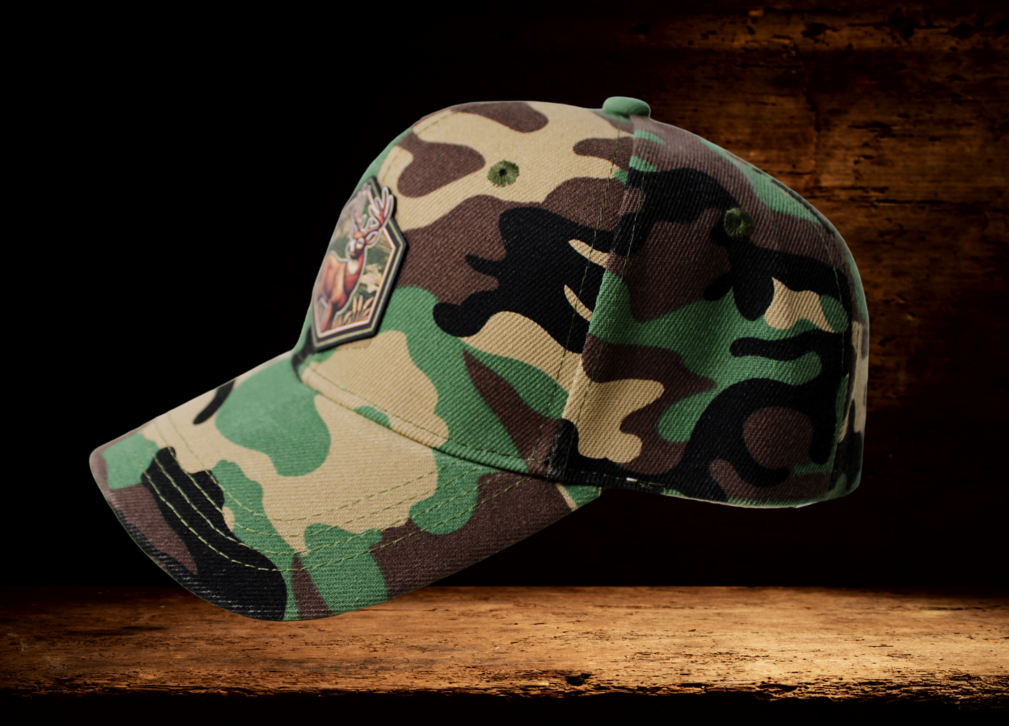 Low profile camo hat with colorful deer patch
