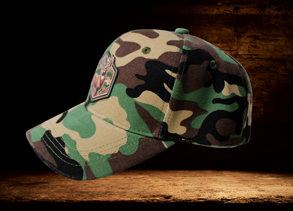 Low profile camo hat with colorful deer patch