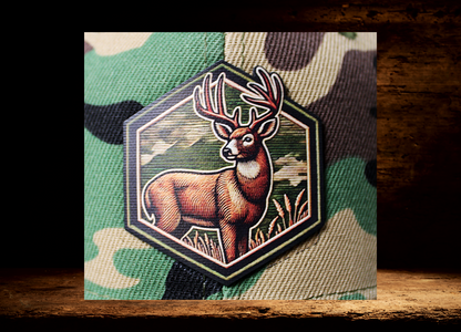 Low profile camo hat with colorful deer patch