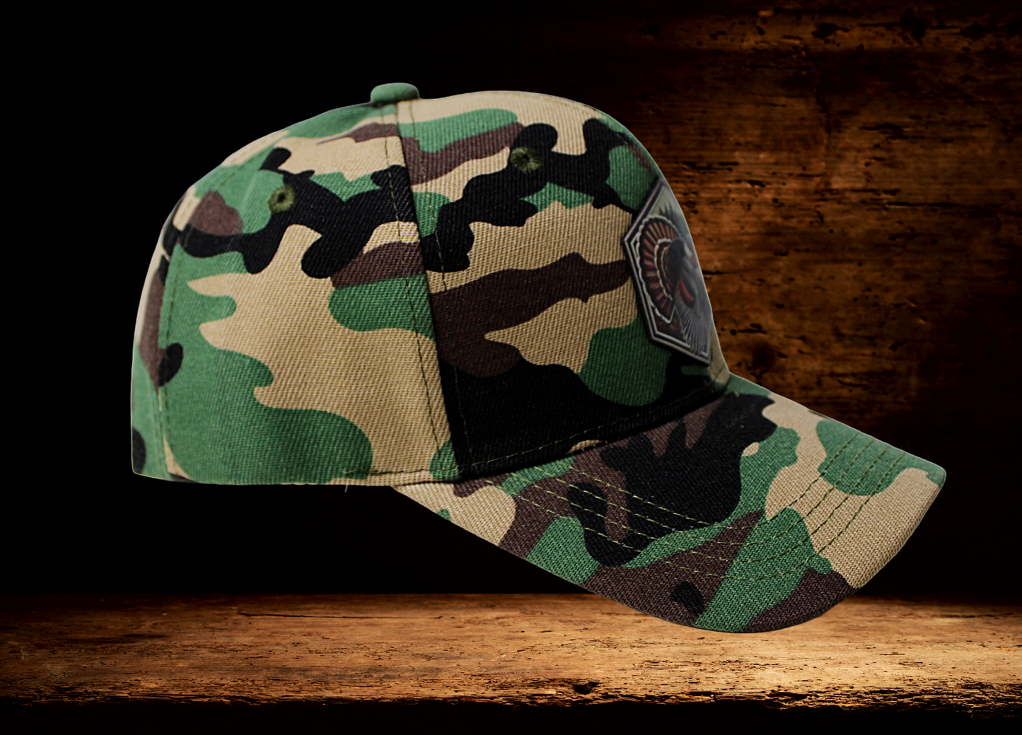 Camo, low profile hat with colorful Turkey patch