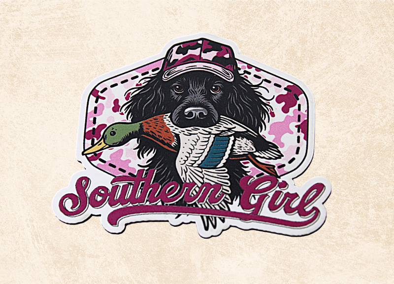 Sticker with a dog and duck design and 'Southern Girl' text on a beige background
