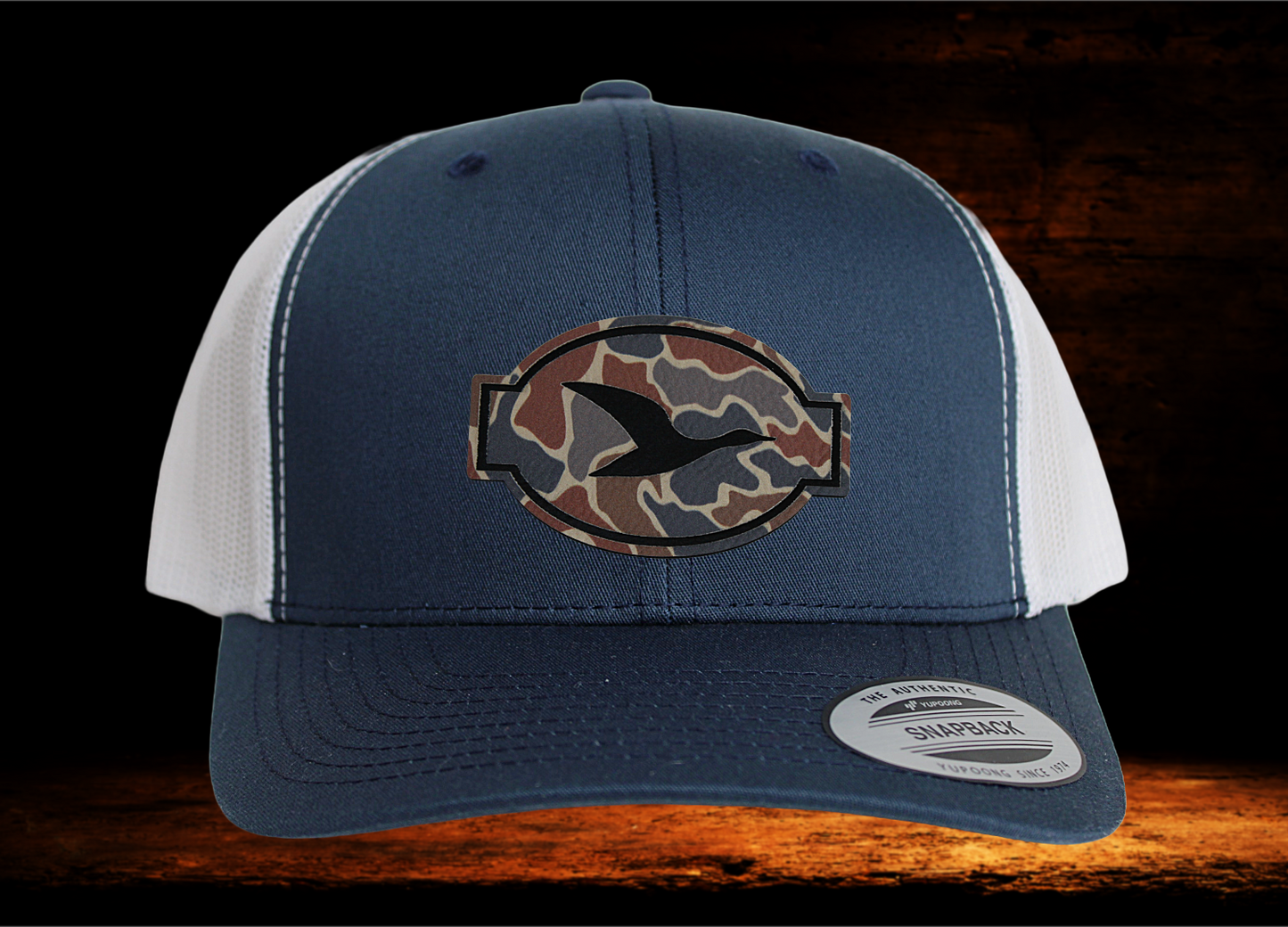 Yupoong Navy and white with camo patch