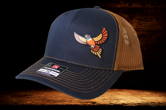Navy and Bronze hat with colorful Pheasant