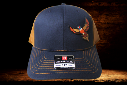Navy and Bronze hat with colorful Pheasant