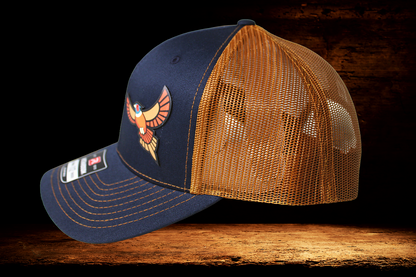 Navy and Bronze hat with colorful Pheasant