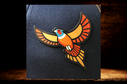 Navy and Bronze hat with colorful Pheasant