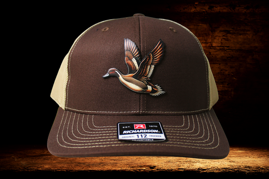 Brown and tan hat with brown flying duck