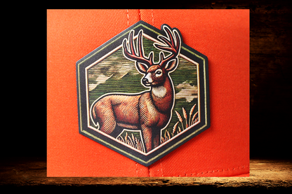 Hunting orange hat with colorful deer patch