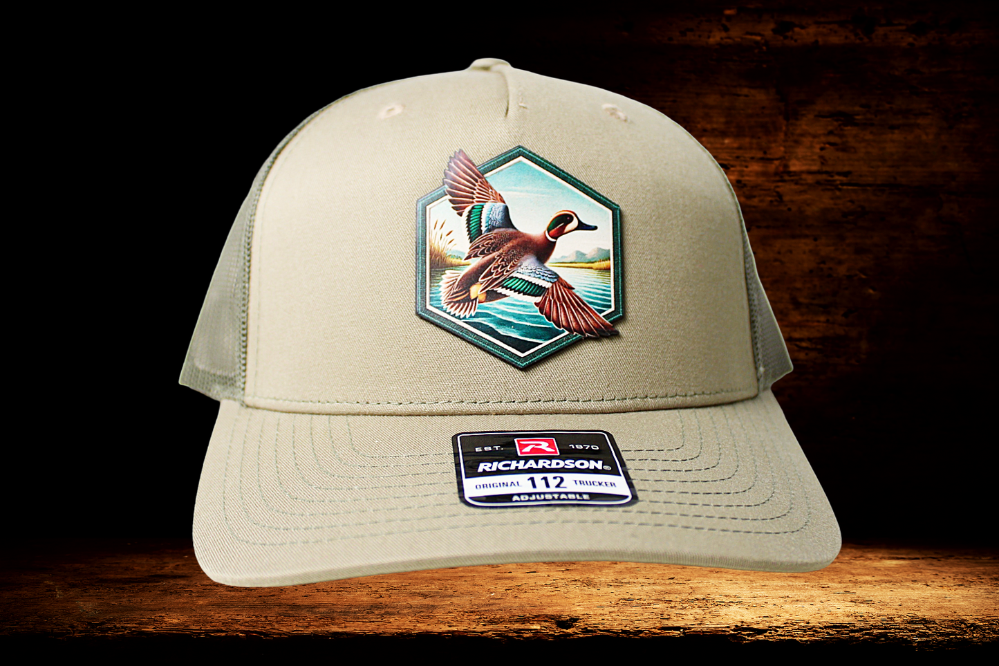 Flying duck portrait on khaki hat