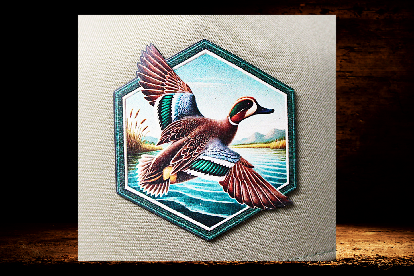 Flying duck portrait on khaki hat