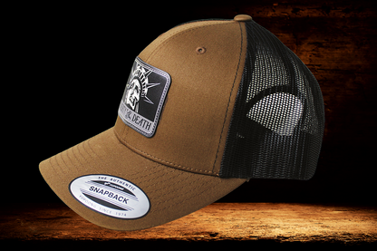 Brown and black hat with Liberty or Death patch