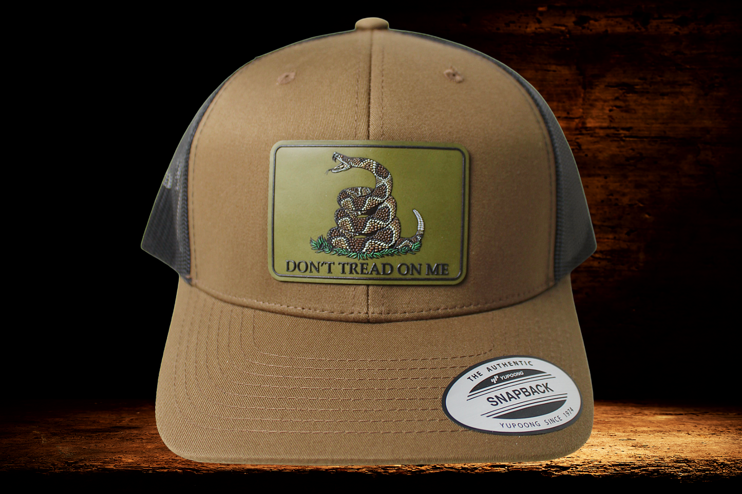 Brown and Black hat with Don't Tread on Me Snake patch