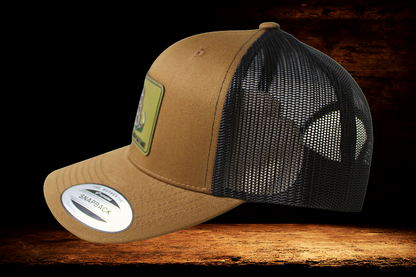 Brown and Black hat with Don't Tread on Me Snake patch